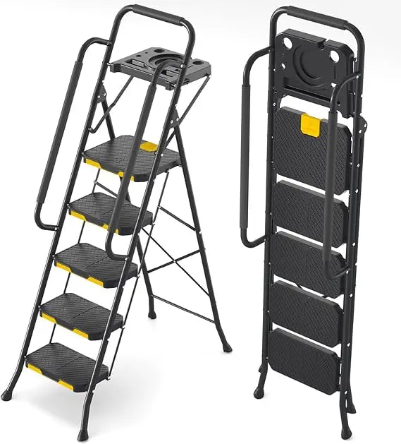 5 Step Ladder with Tool Platform, Folding Step Stool with Handrails, Sturdy Steel Ladder with Wide Pedal, 800 LBS Porta