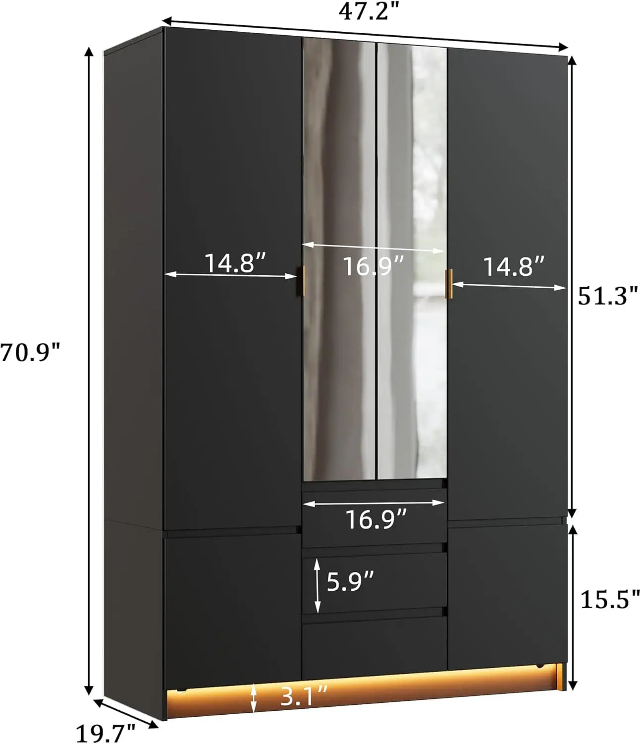 Wardrobe Closet with Led Light & Mirror, Bedroom Large Capacity Freestanding Armoire Wardrobe with Draw