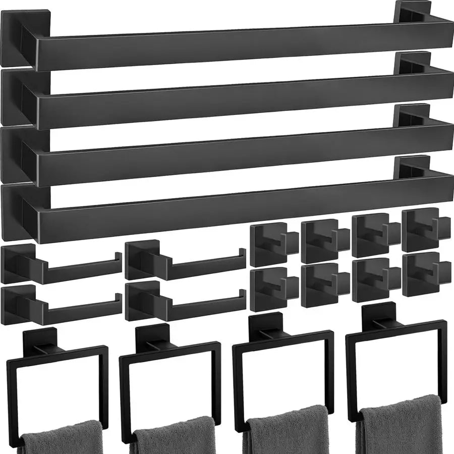 Matte Black Bathroom Hardware Accessories Set Including 23.6 Inch Bath Towel Bar, Towel Rings, Bath Toilet Paper Holders, Robe
