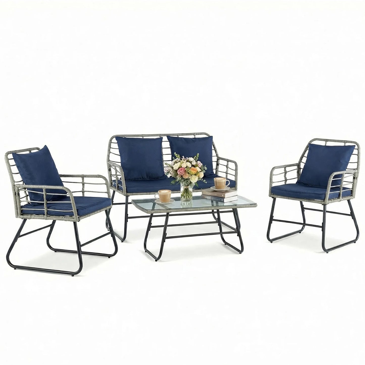 JHK Outdoor Wicker Patio Furniture Set 4 Pieces with Soft Cushion and Glass Table Manual Weaving Patio Chairs For Garden Lawn