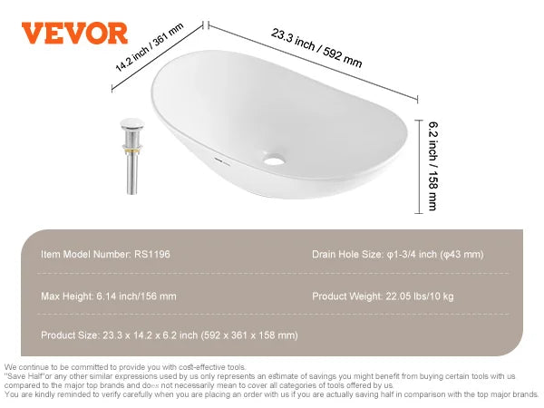 SucceBuy Oval Vessel Sink Vessel Sink Bowl Countertop White Ceramic Bathroom Sinks Above Counter for Bathroom Hotel and RV