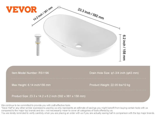 SucceBuy Oval Vessel Sink Vessel Sink Bowl Countertop White Ceramic Bathroom Sinks Above Counter for Bathroom Hotel and RV