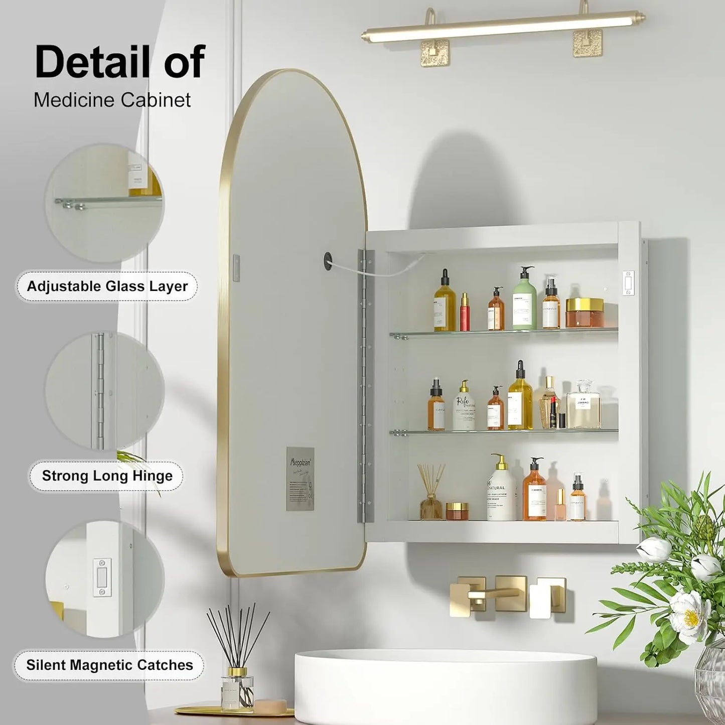 Recessed Medicine Cabinet with Lights,Brushed Gold Arched Medicine Cabinet with Mirror for Bathroom,3-Color Lighted, Customized
