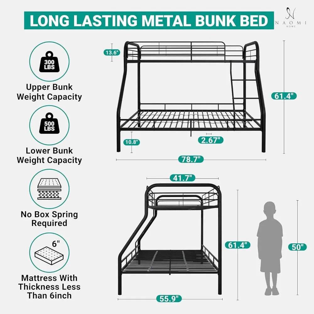 Twin Over Full Metal Bunk Bed with Safety Guardrails, 800 lbs Capacity, Angled Ladder, Underbed Storage, Black,, Customized