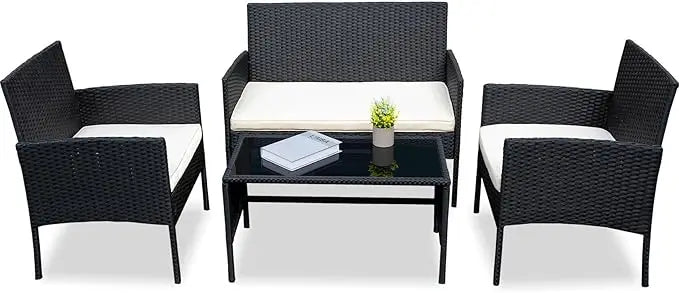 4 Piece Outdoor Wicker Patio Conversation Furniture Set, Rattan Chair Wicker Sofa Garden Conversation Sets with Cushion and Gla