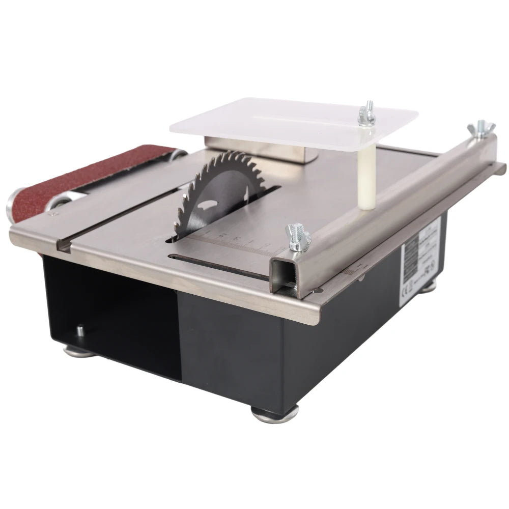 Mini Table Saw,Belt Sander, stainless steel top,4pcs Blades,10pcs Sanding Blet,7 Gear Adjustable 0-90° Angle, Available for Wood