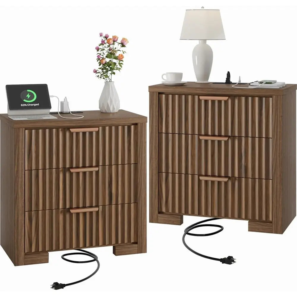 2-Piece Walnut Nightstand Set with Charging Station, 3 Drawers for Bedroom or Living Room