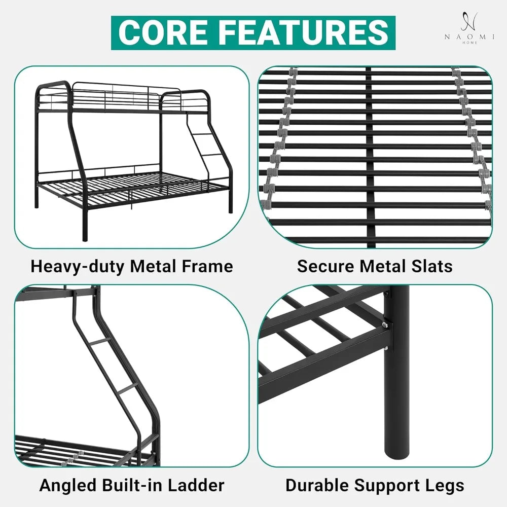 Twin Over Full Metal Bunk Bed with Safety Guardrails, 800 lbs Capacity, Angled Ladder, Underbed Storage, Black,, Customized