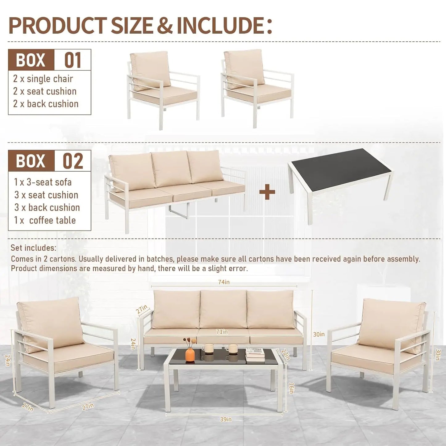 4-Piece Patio Furniture Set White Outdoor Metal Frame Sofa with High Backrest Seating Glass Coffee Table All-weather, Custom
