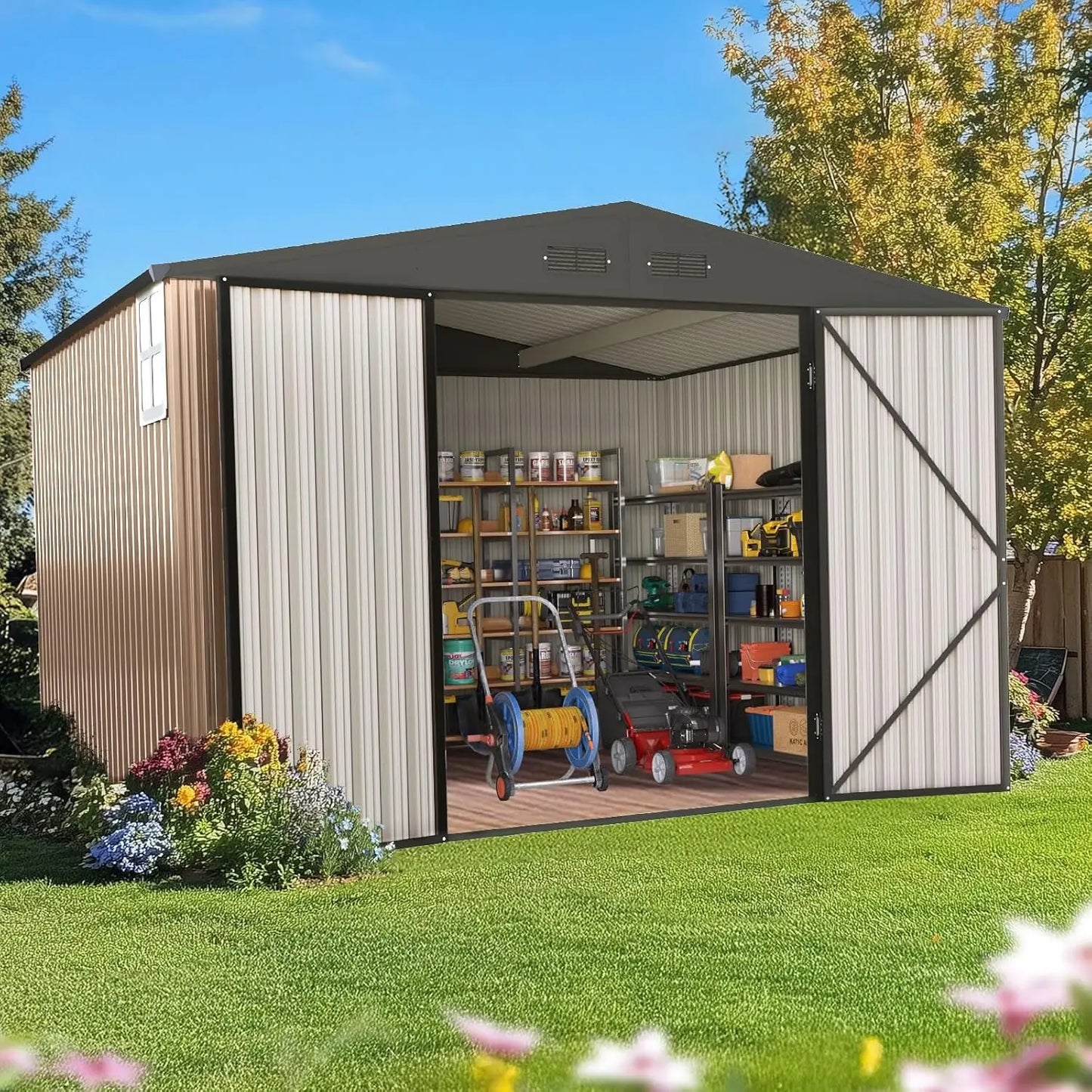 Heavy Duty 10X10 FT Metal Storage Shed, Lockable Steel Yard Waterproof Tool Shed for Garden, Backyard, Patio, Outside, Custom