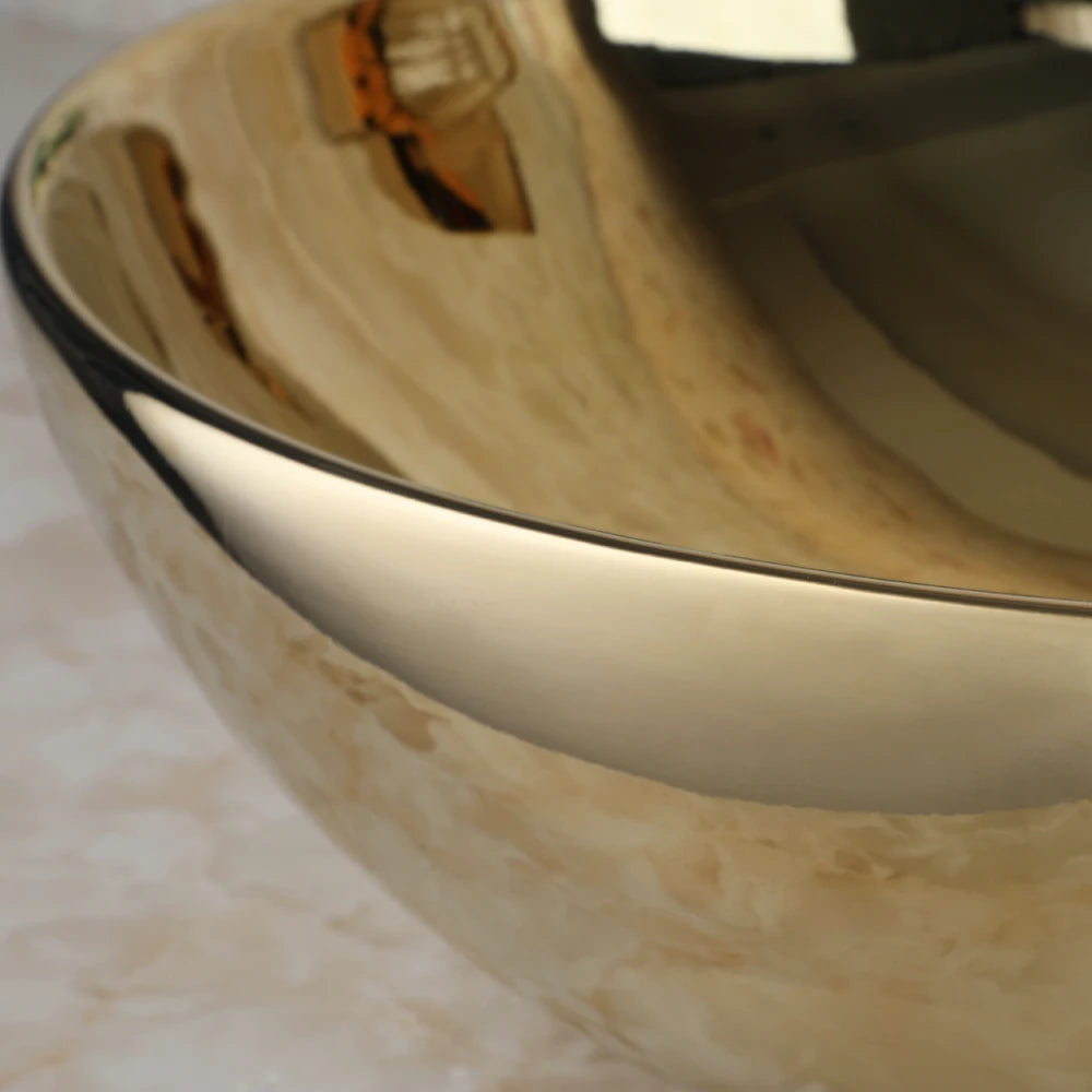 KEMAIDI Bathroom Vessel Sink Luxury Shiny Gold Ceramic Vanity Bowl Round Above Counter Basin for Bar and Cloakroom w/ Faucet Tap