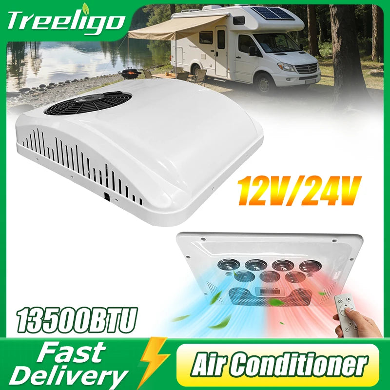 Treeligo RV Roof 12V Air Conditioner Electric RV Rooftop Parking AC For Truck Camper Van Caravans Motor Home 13500BTU Car AC