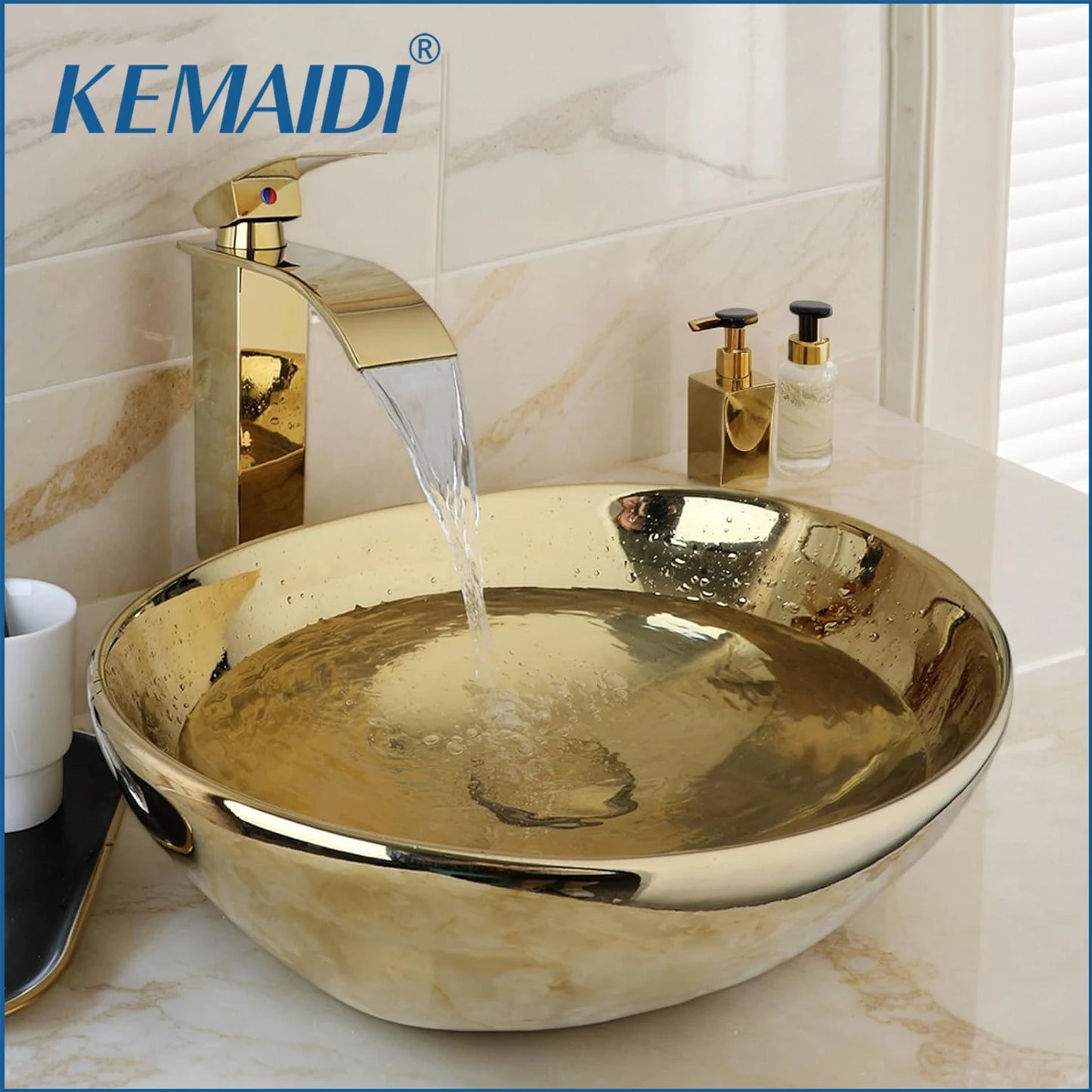 KEMAIDI Bathroom Vessel Sink Luxury Shiny Gold Ceramic Vanity Bowl Round Above Counter Basin for Bar and Cloakroom w/ Faucet Tap