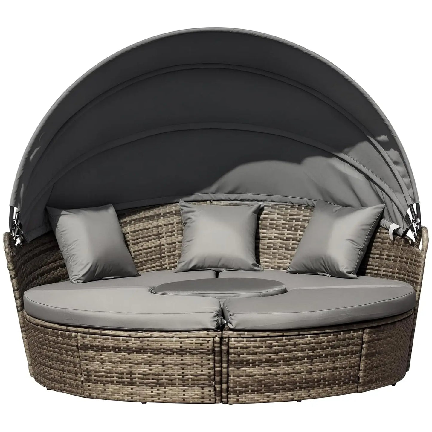 4pc Round Convertible Daybed Cushions PE Rattan Patio Sofa Adjustable Canopy Sectional 2 Chairs Table 3 Pillows, Customized