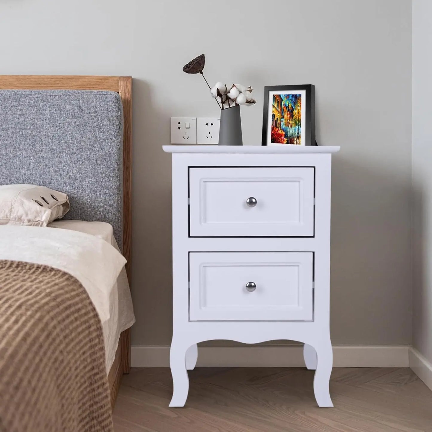 White Nightstand Set of 2. Farmhouse End Side Table Set of 2 Bedside Nightstands Chest with Drawers Small Night, Customized