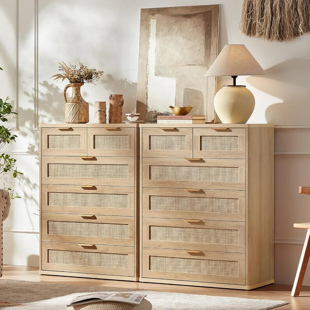Rattan Dresser for Bedroom, 41" Tall Chest of Drawers, Modern 6 Drawers Boho Dressers with Storage, Light Oak Dresser,Customized