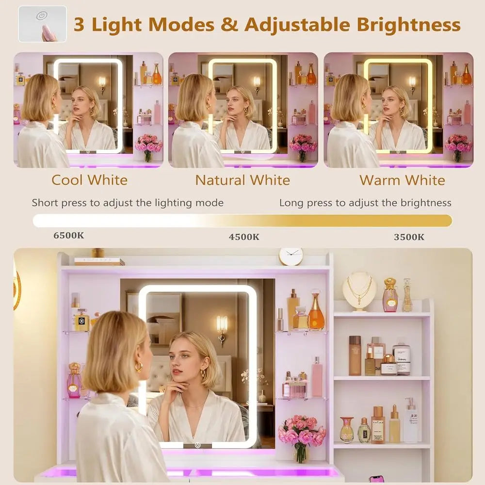 3-Color LED Lighted Makeup Vanity Desk with Glass Top, 43.3 Mirror, White Set Including Stool, 5 Drawers, Power Outlet for Bedro