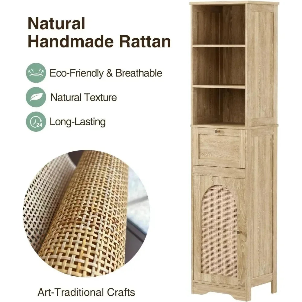 67-inch Tall Natural Rattan Sliding Bathroom Cabinet with Adjustable Shelves