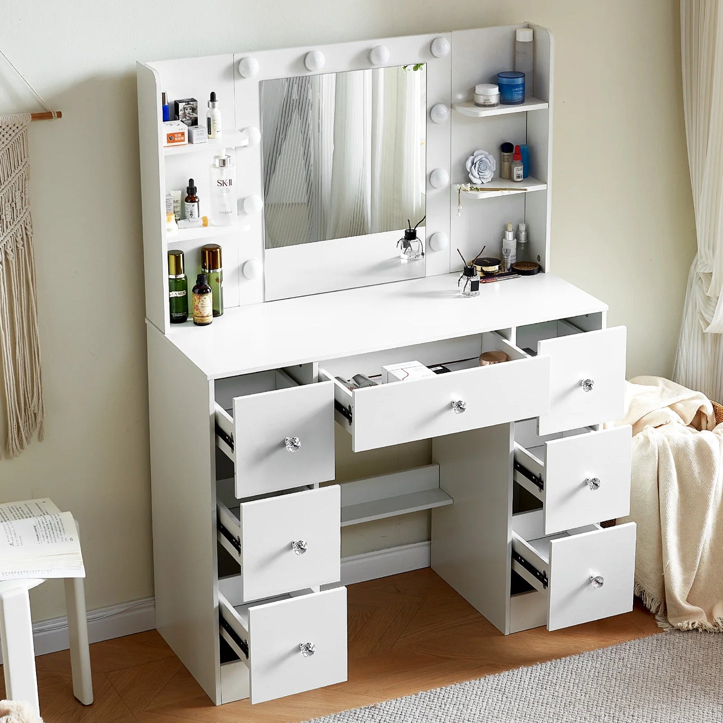 LED Mirror Makeup Table Set, 3-Color Light Dressing Vanity Desk with USB Charging Port & Storage Drawer, Modern Girl Bedroom Furniture Gift