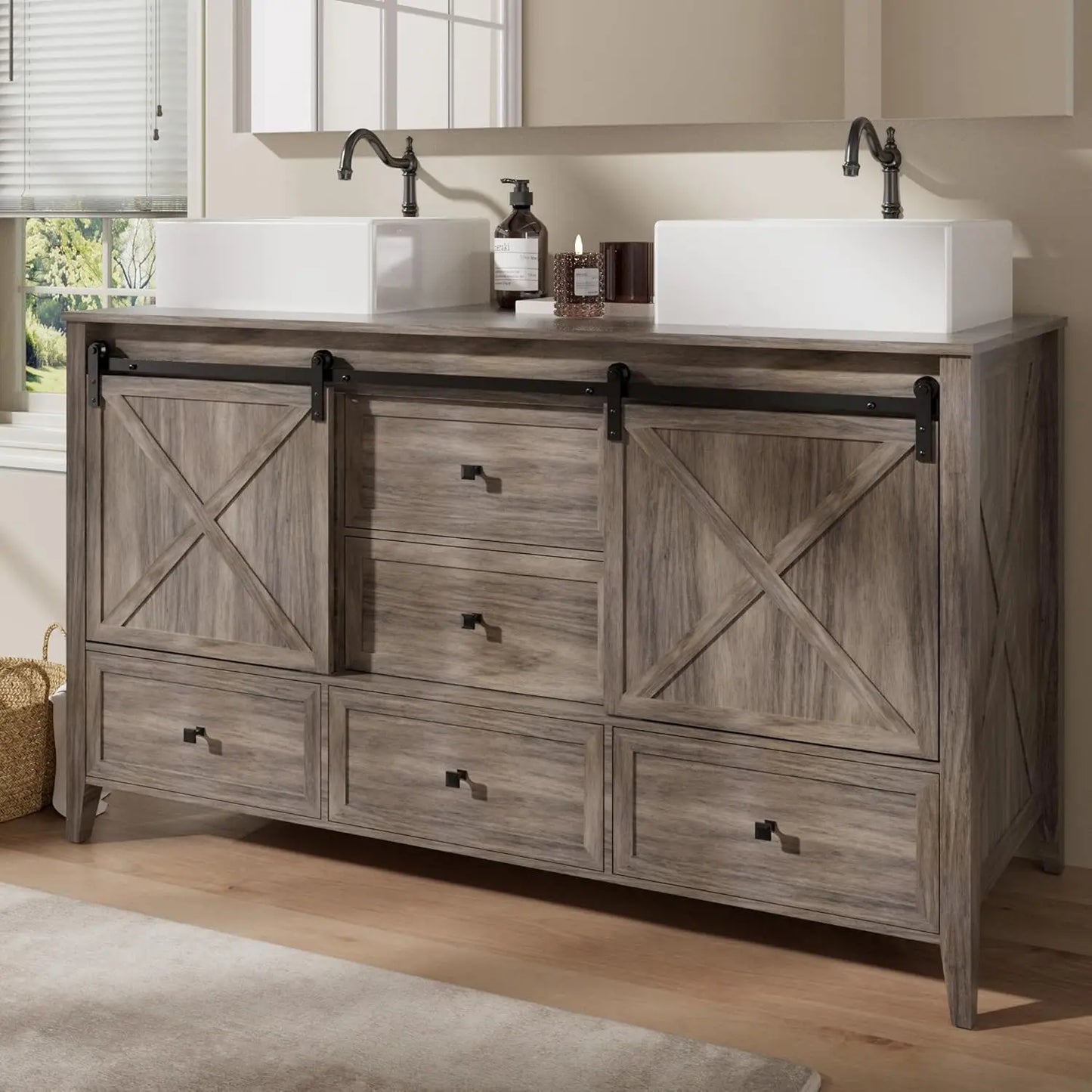 Bathroom Vanity with Sink - 60 Inch Bathroom Vanity Double Sink Ceramic, Freestanding Cabinet , Grey Wood Grain