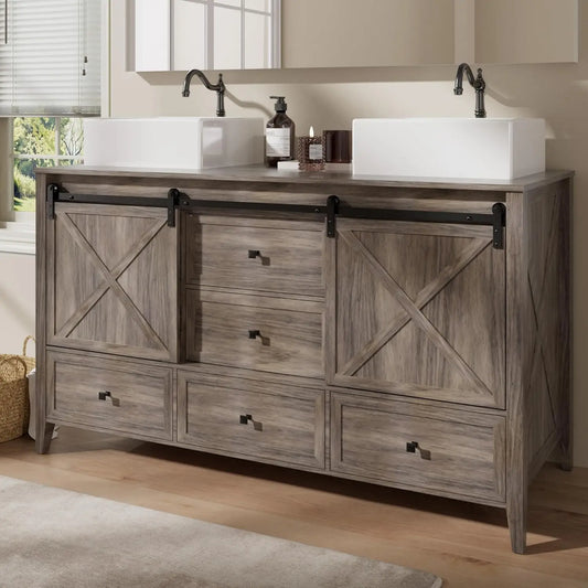 Bathroom Vanity with Sink - 60 Inch Bathroom Vanity Double Sink Ceramic, Freestanding Cabinet , Grey Wood Grain