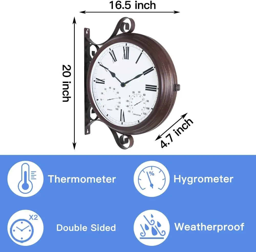 MT-32 Three-in-one Double Sided Metal Wall Clock.Quiet,Easy Read,Antique Hanging Clocks,Garden,Indoor,Outdoor,Home Décor,Farmhou