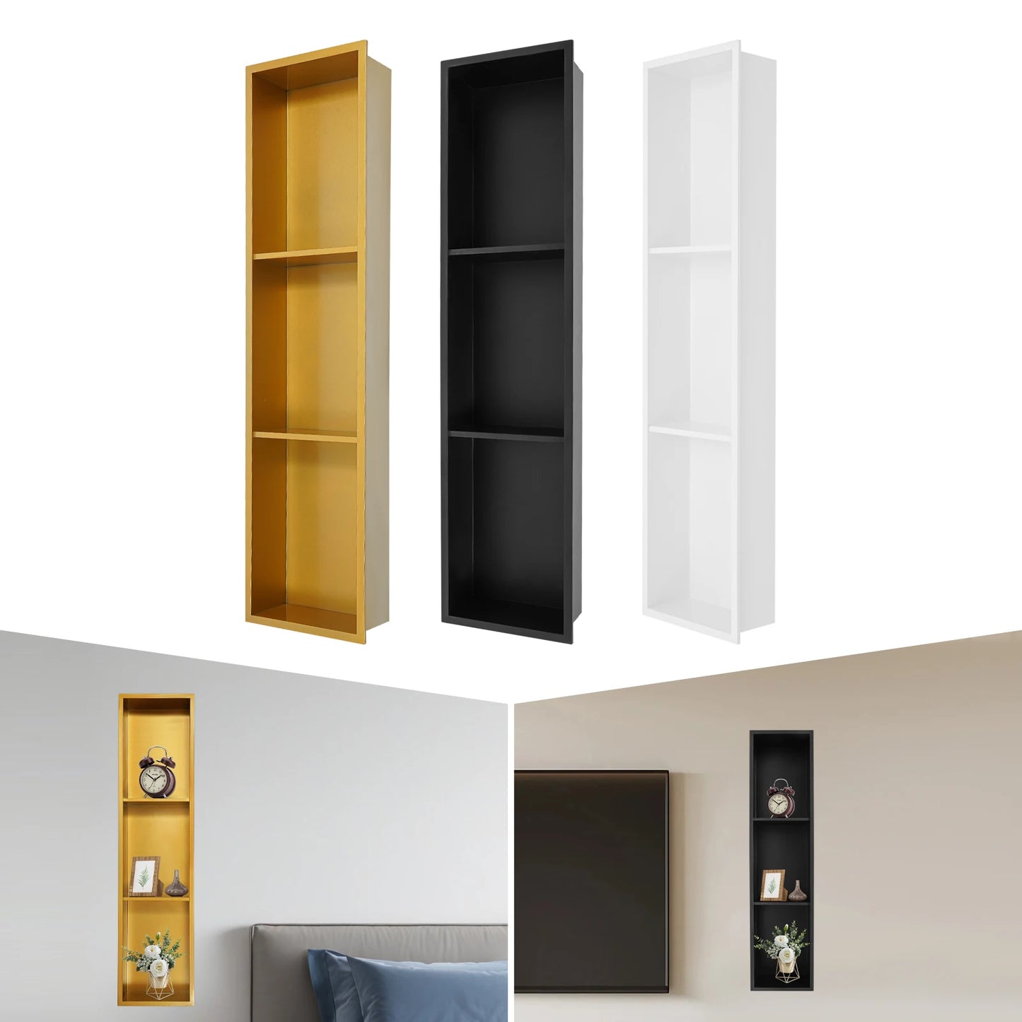 94.2*10*23.1cmWhite/Gold/Black 3 Tiers Niche,304 Stainless Steel Rectangular Shower Niche Wall-mounted for Bathrooms