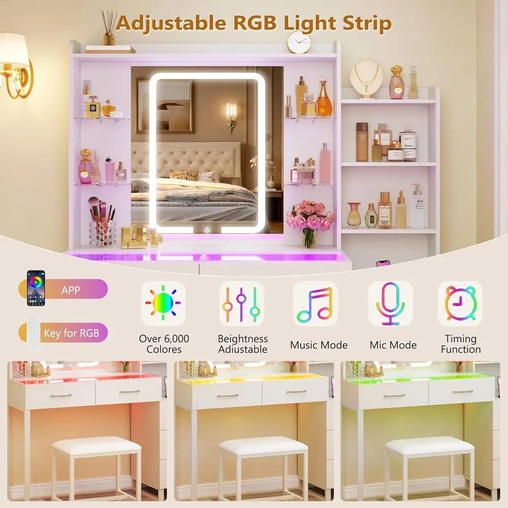 3-Color LED Lighted Makeup Vanity Desk with Glass Top, 43.3 Mirror, White Set Including Stool, 5 Drawers, Power Outlet for Bedro