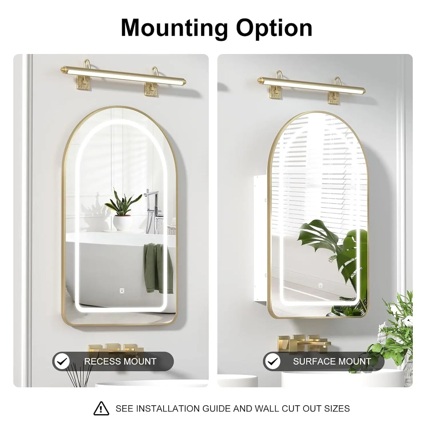 Recessed Medicine Cabinet with Lights,Brushed Gold Arched Medicine Cabinet with Mirror for Bathroom,3-Color Lighted, Customized