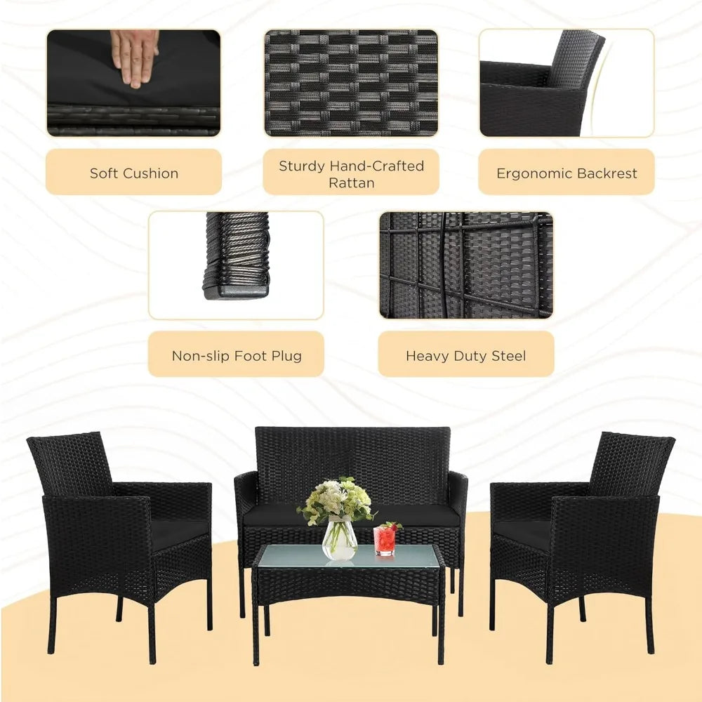 4 Piece Outdoor Wicker Patio Conversation Furniture Set, Rattan Chair Wicker Sofa Garden Conversation Sets with Cushion and Gla