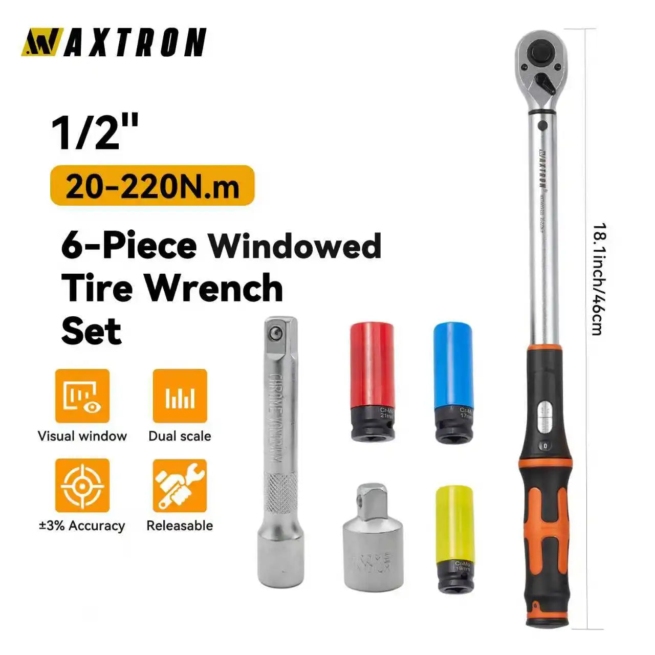 Waxtron 1/2'' Scale Window Torque Wrench 20-200N.m 6PCS High Precision Adjustabe Torque Wrench For Car Automotive Repairs Hot
