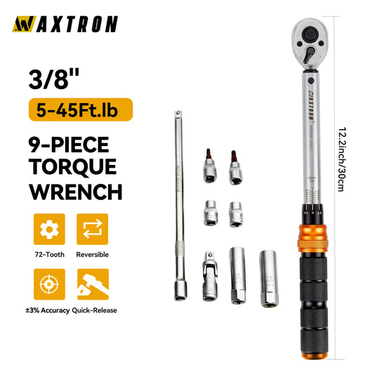 Waxtron 3/8'' Drive Torque Wrench Set 5-45ft.lb Professional Spark Plug Torque Wrench 9PCS For Car Repair Kit Hand Tools