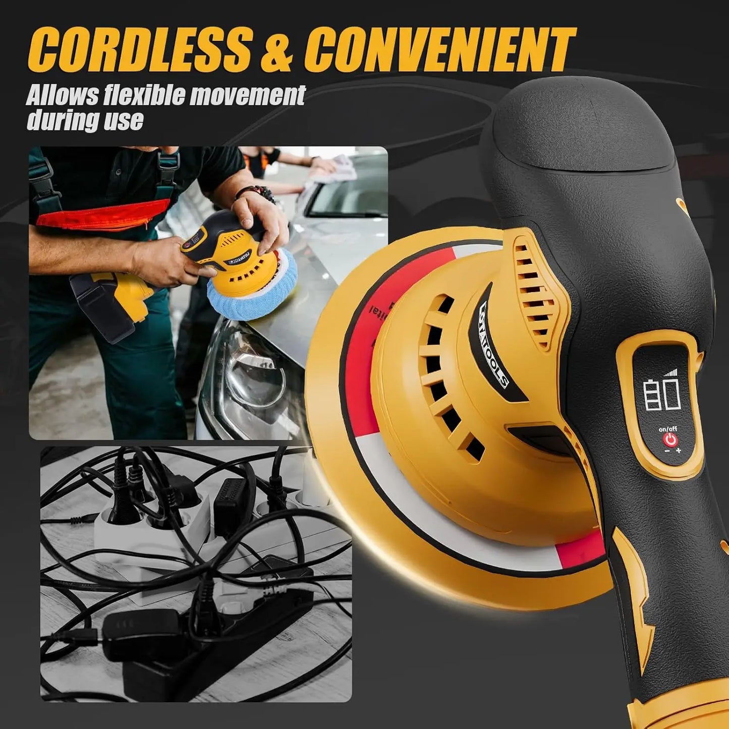 Dual-Action Polisher 8 Speeds 5500 RPM for Car Detailing, Cordless Random Orbital with Battery Compatibility