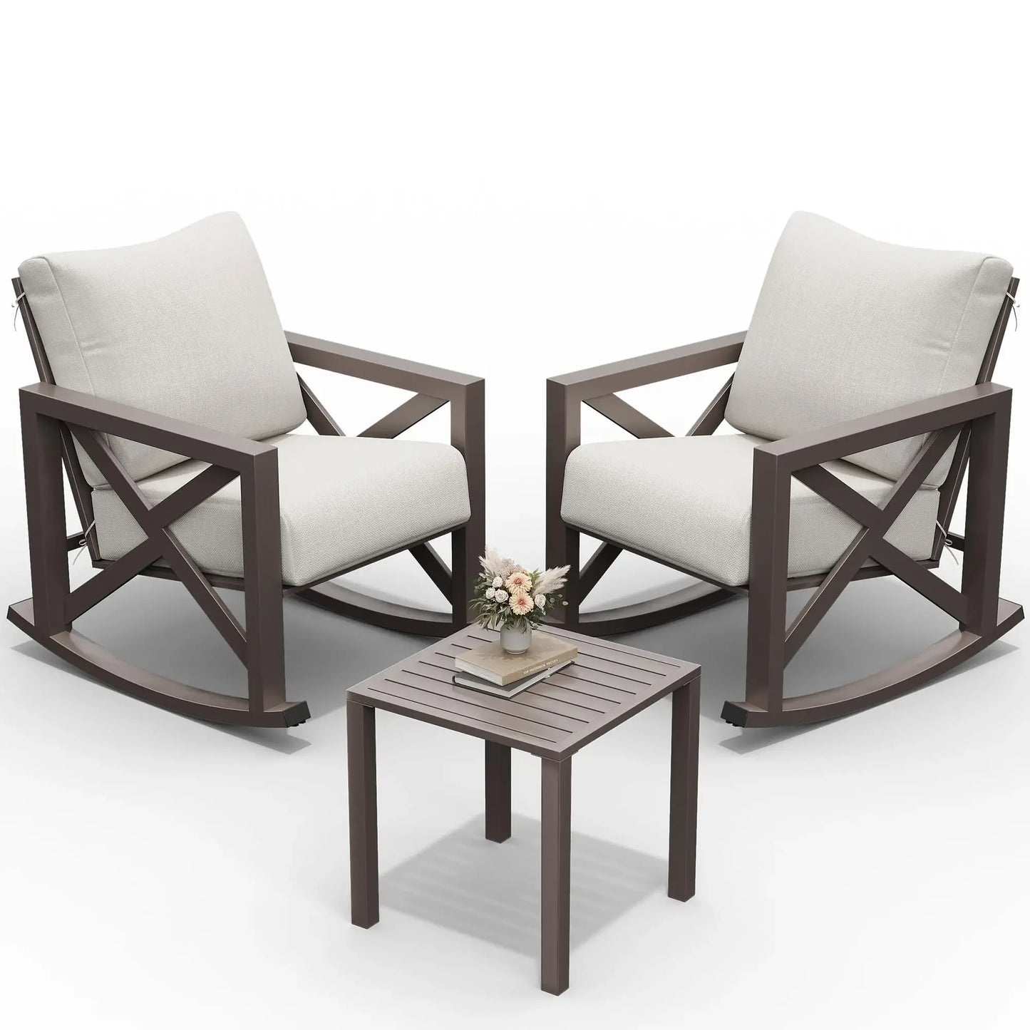 UDPATIO Rocking Chair Outdoor Set 2 with Coffee Table, 3 Piece Metal Rocking Bistro Set with 6.5" Water-Resistant Cushions