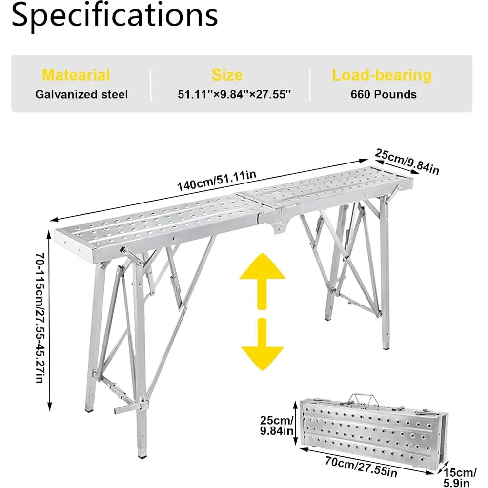 Scaffolding Platform Adjustable Height, Folding Work Platform, Aluminum Portable Scaffolding Ladder, Non-Slip Portable W