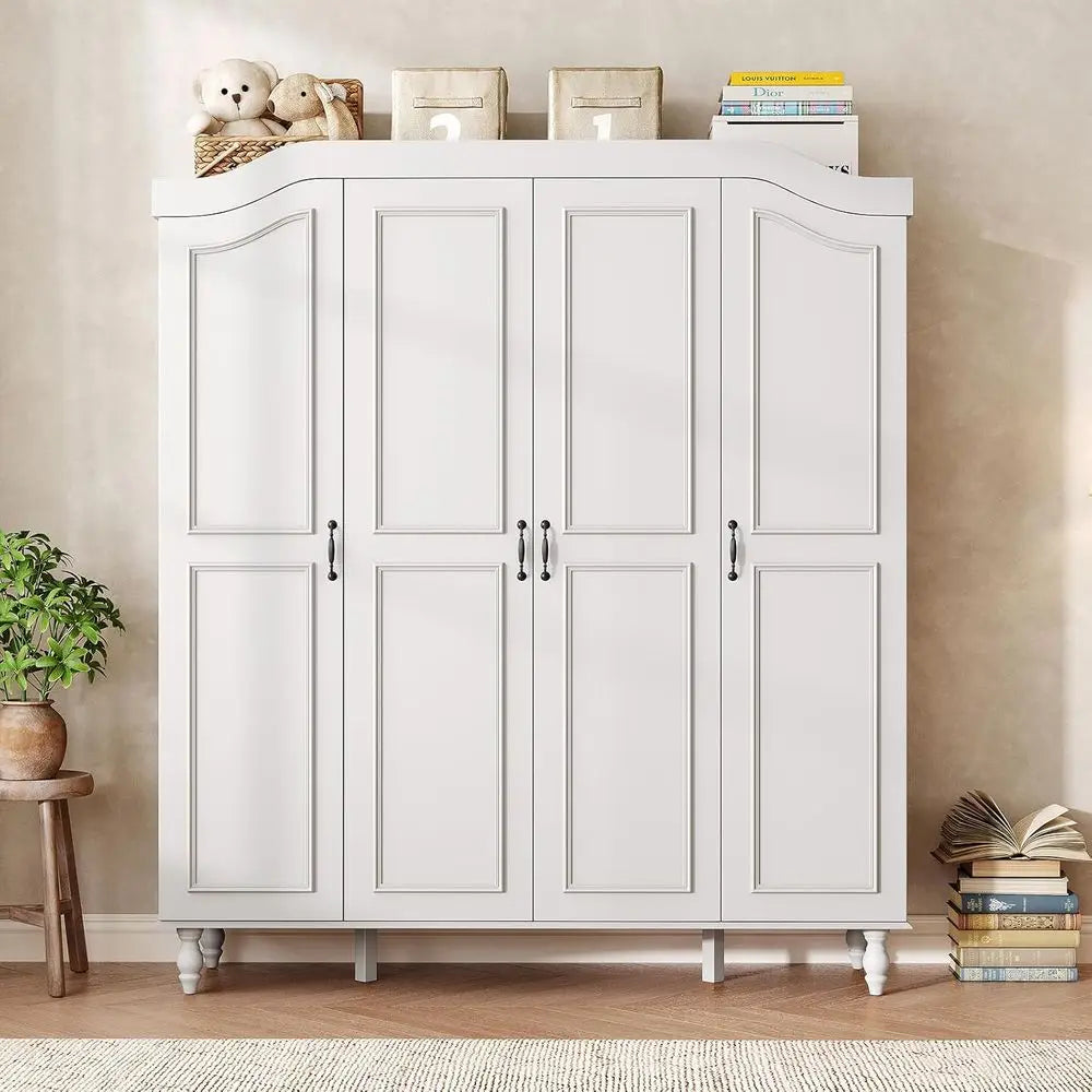 71 High Wooden Armoire Wardrobe with 4 Doors, 2 Hanging Rods, and 8 Shelves for Bedroom or Cloakroom, White