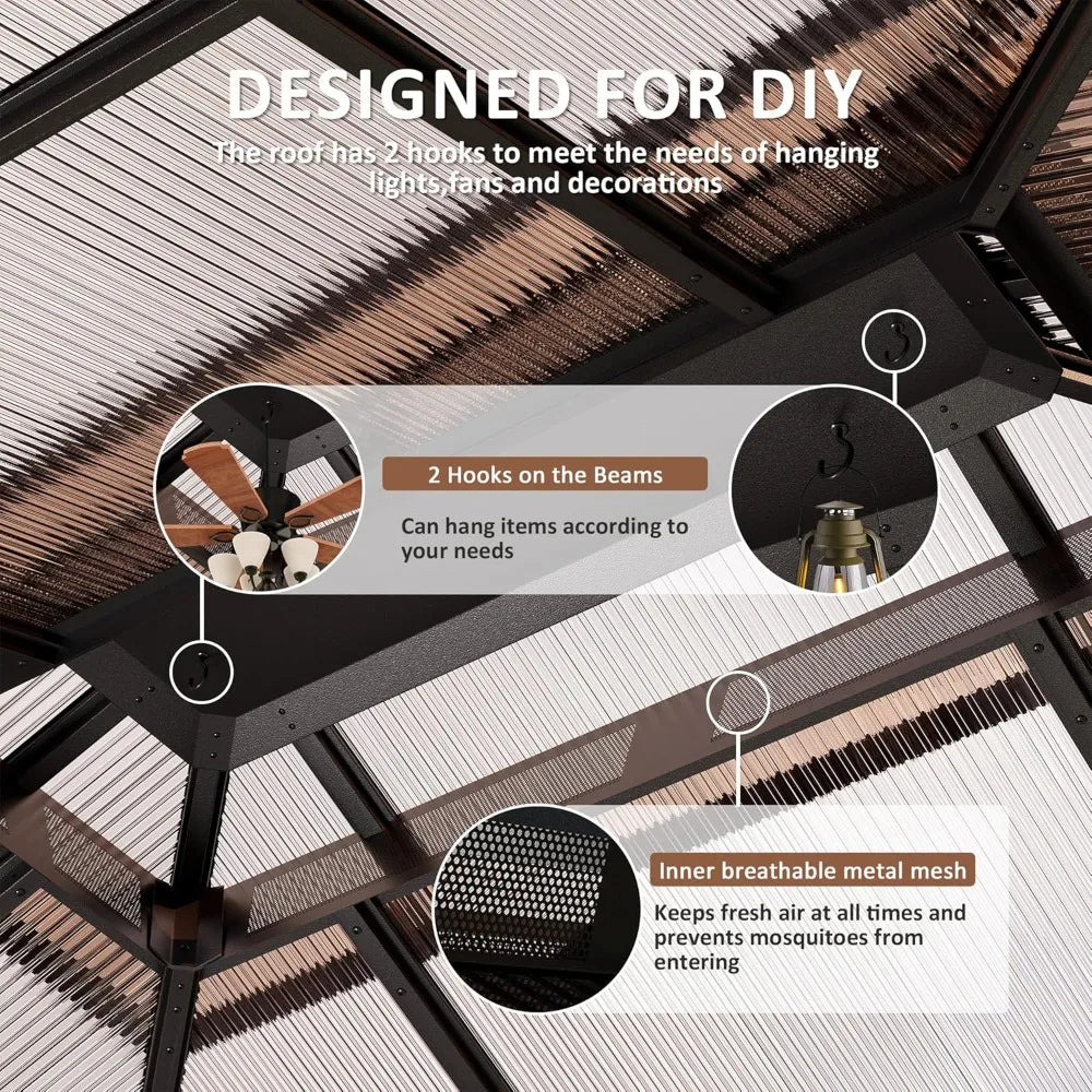 Hardtop Gazebo Polycarbonate Roof Aluminum Frame Permanent Pavilion Curtains Netting Sunshade Garden Patio Lawn, Custom
