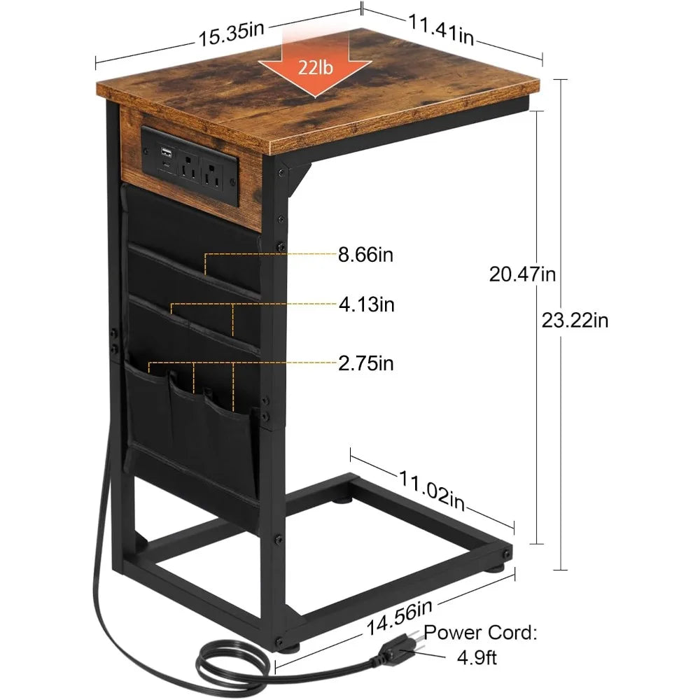 C Shaped End Table With Charging Station, TV Tray Set Of 2, Couch Tables With Storage Bag, Slide Under Sofa Side