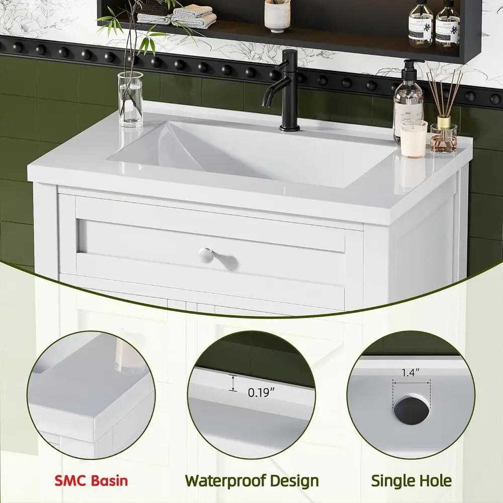 30-inch White Freestanding Bathroom Vanity with Single Sink, 2 Drawers, 1 Drop-Down Drawer, and Side Storage Cabinet