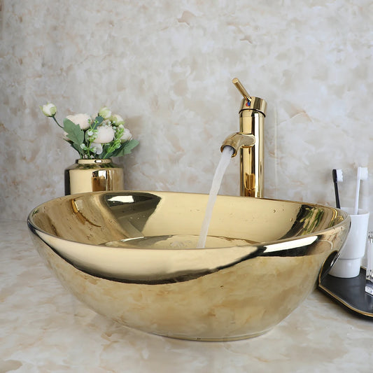KEMAIDI Bathroom Vessel Sink Luxury Shiny Gold Ceramic Vanity Bowl Round Above Counter Basin for Bar and Cloakroom w/ Faucet Tap