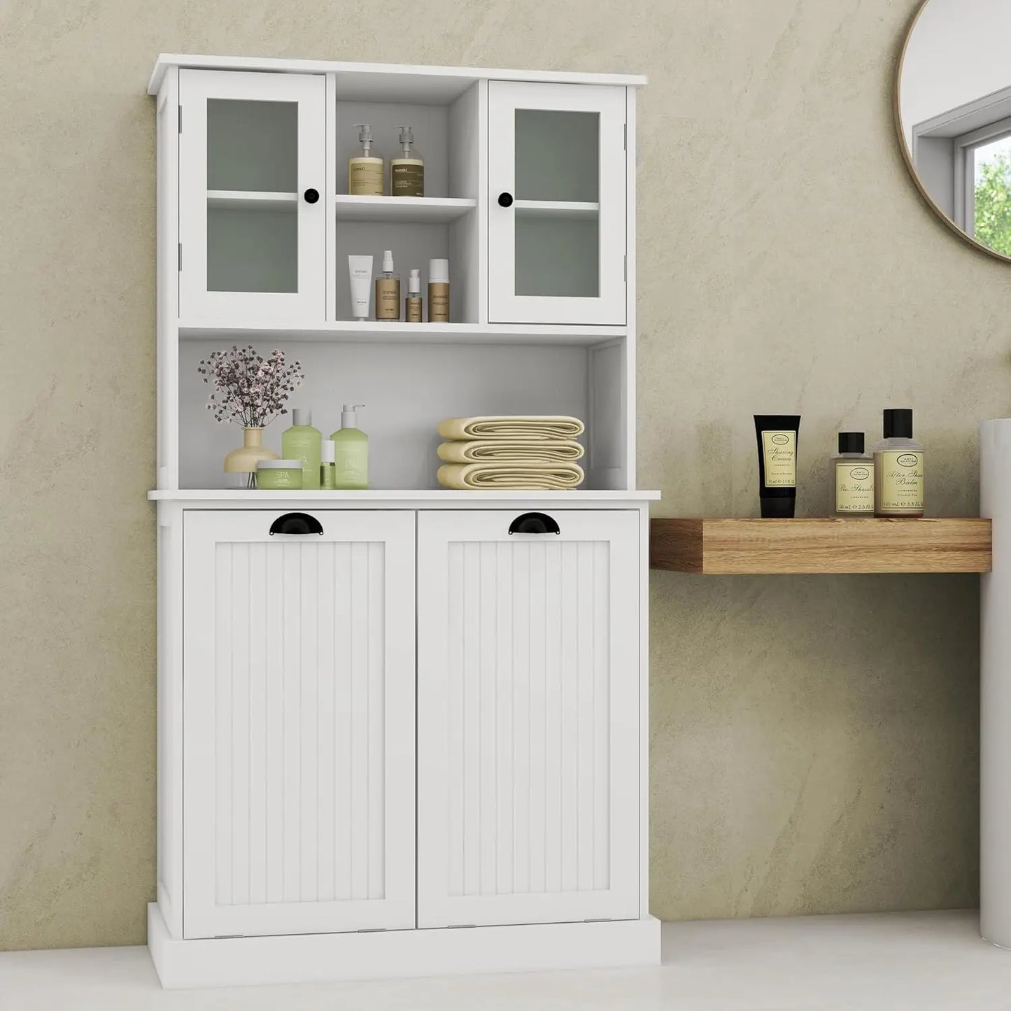 Tilt-Out Double Hamper Laundry Cabinet Pull-Out Storage Bathroom Hidden Glass Doors White 26Gal Customized