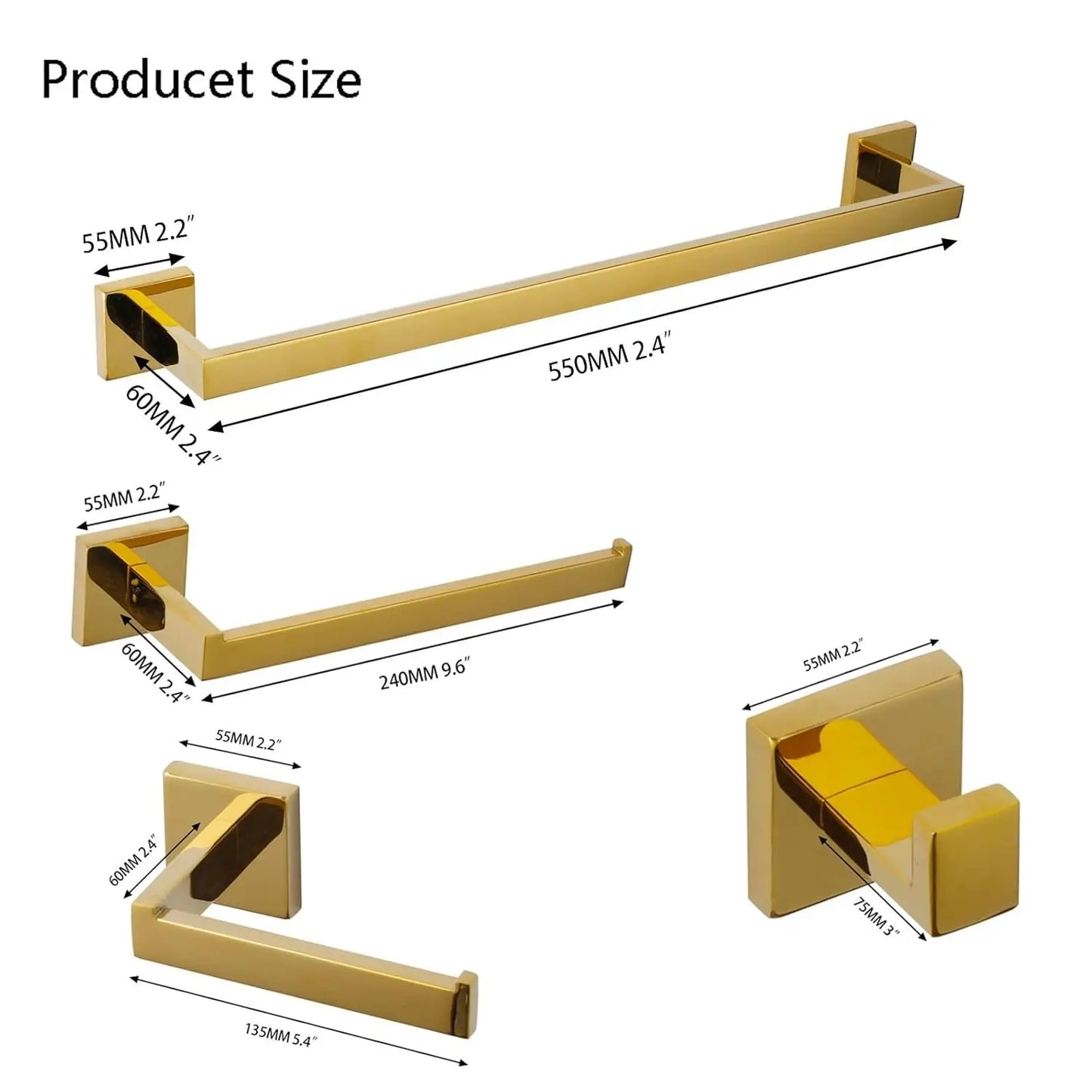 Golden 4pcs Bathroom Hardware Set 304 Stainless Steel Towel Bar Robe Hook Paper Holder, Customized