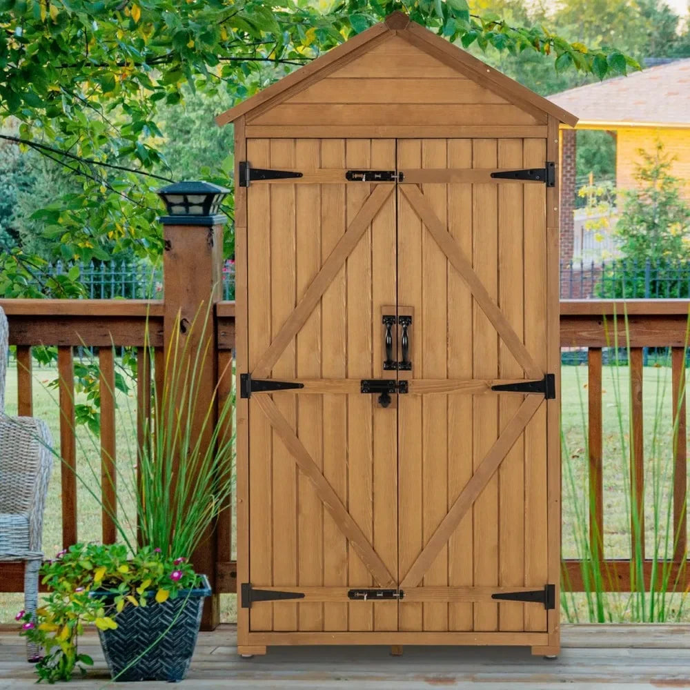 Outdoor Storage Cabinet with 2 Shelves, Outside Storage Shed with Floor, Wooden Garden Tool Shed with Latch for Yard Deck Lawn