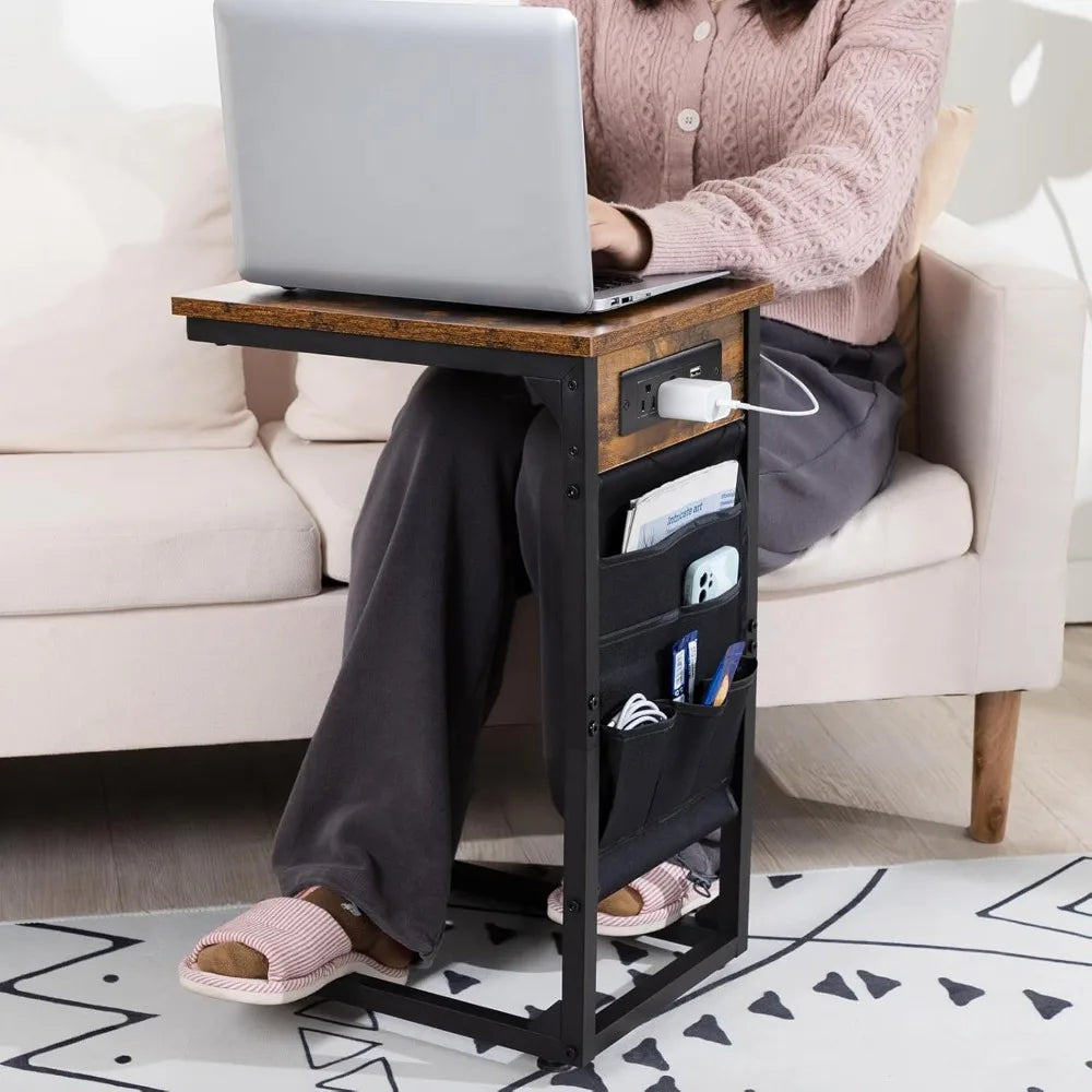 C Shaped End Table With Charging Station, TV Tray Set Of 2, Couch Tables With Storage Bag, Slide Under Sofa Side
