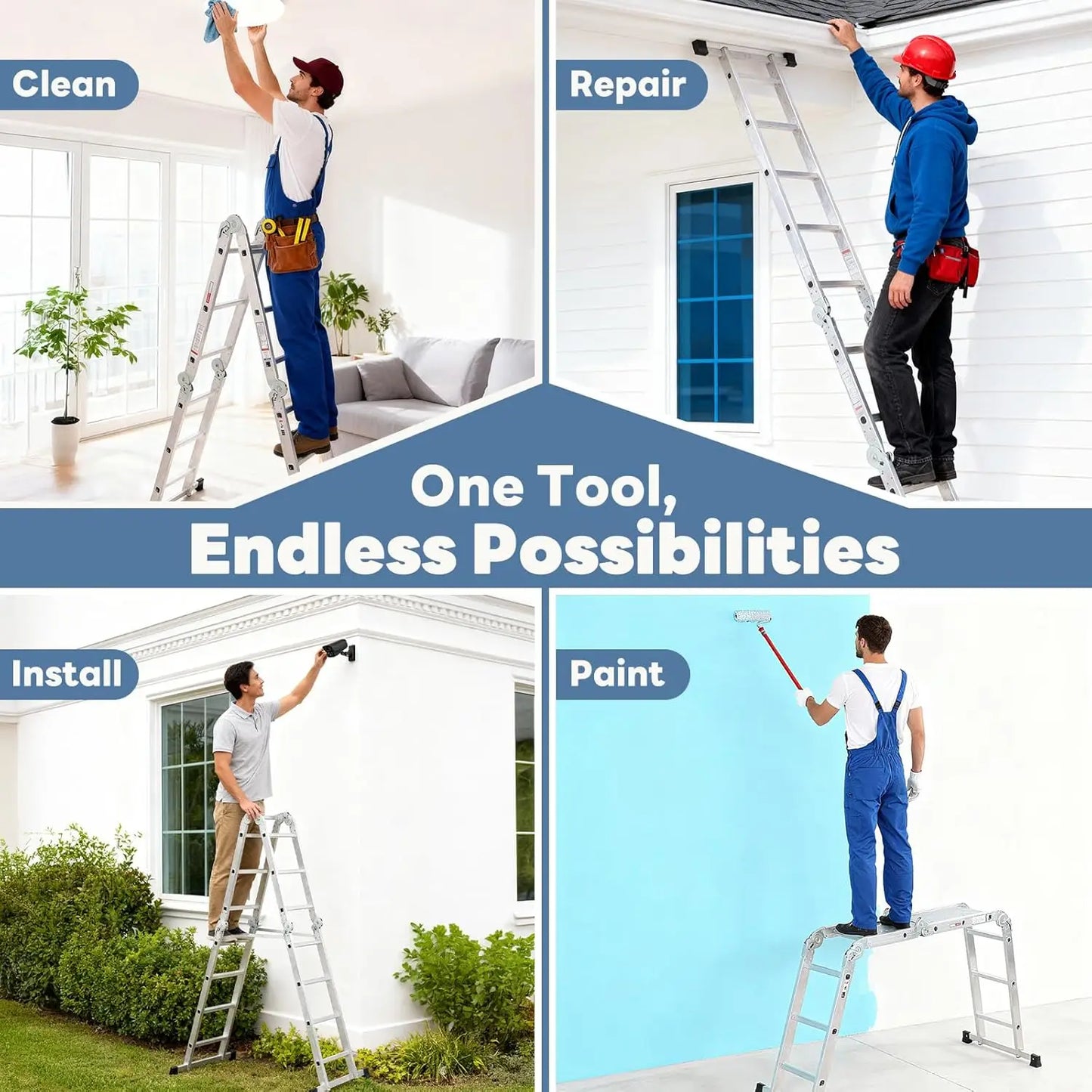 Multi-Purpose Folding Ladder,7 in 1 Aluminium Heavy Duty Collapsible Tall Extension Adjustable Step Ladder for Home Roof RV Work