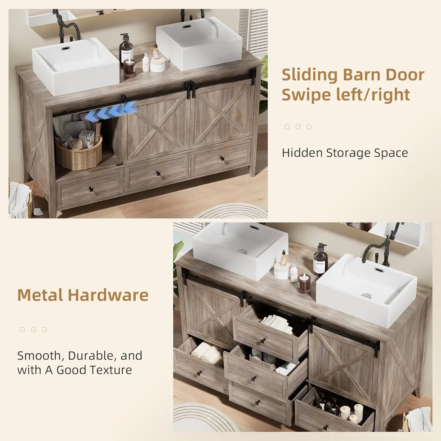 Bathroom Vanity with Sink - 60 Inch Bathroom Vanity Double Sink Ceramic, Freestanding Cabinet , Grey Wood Grain