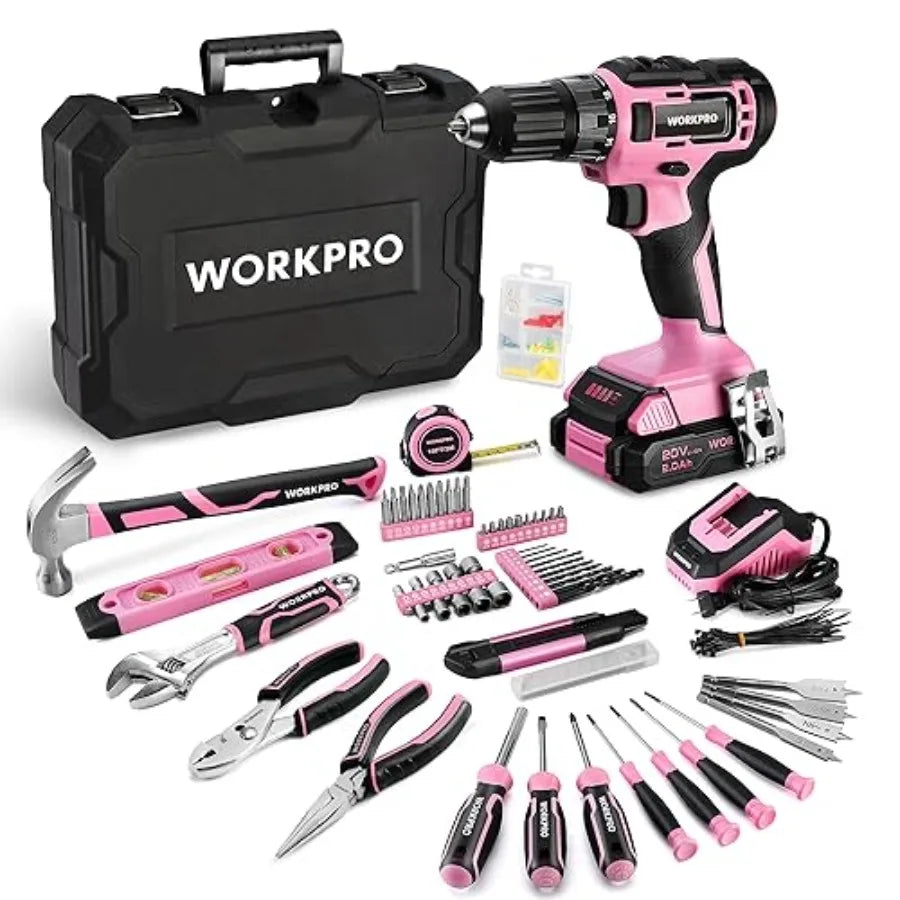 20V Pink Cordless Drill Driver and Home Tool Set with 141PCS Hand Tools for DIY Projects Home Maintenance and Repairs I