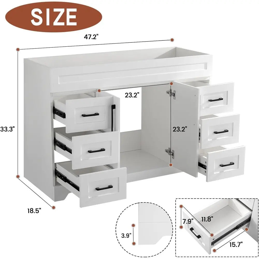 White 48 Vanity Cabinet with 2 Soft-Closing Doors and 6 Full Extension Drawers for Bathroom Storage