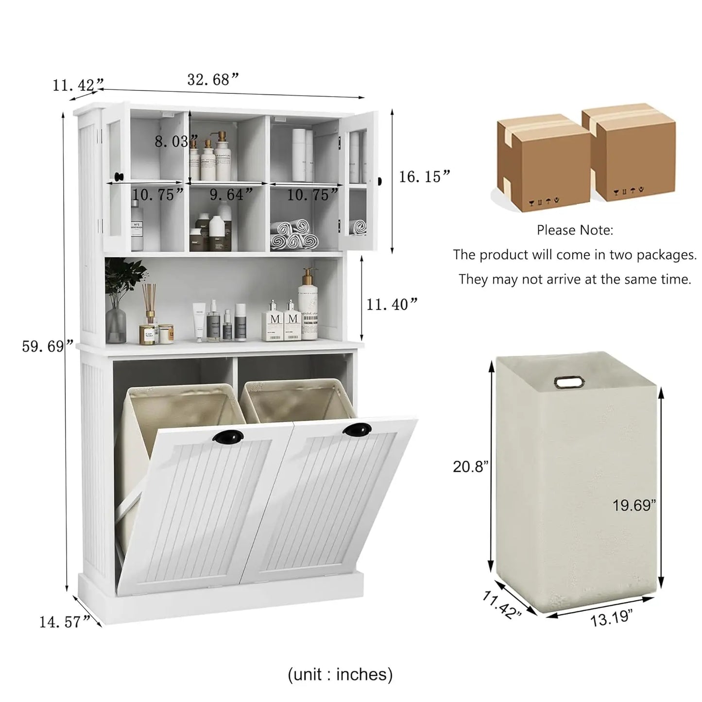 Tilt-Out Double Hamper Laundry Cabinet Pull-Out Storage Bathroom Hidden Glass Doors White 26Gal Customized
