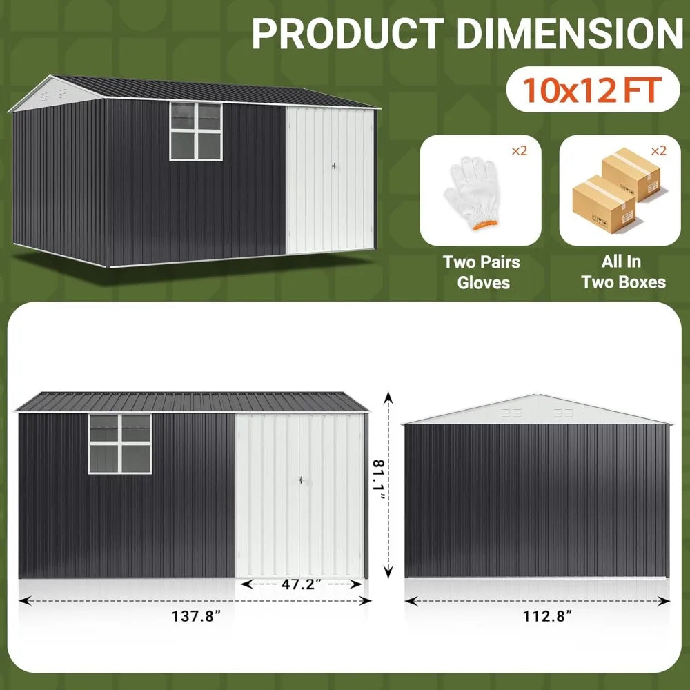 10X12 FT Metal Outdoor Storage Shed with Window, Heavy-Duty Galvanized Steel Garden Shed with Lockable Doors and 4, Customized